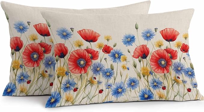 Red Flower Waterproof Outdoor Pillow Covers Set of 2 Home Decor, Blue Garden Blossom Floral Independence Day Pillowcase Patio Pillow Covers for Couch Bench Furniture Garden 20x12in