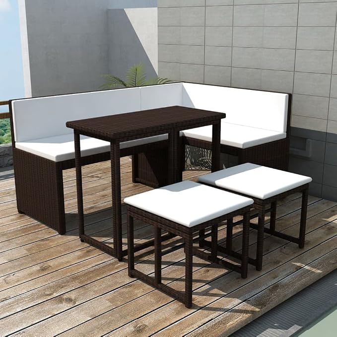 5-Piece Brown Rattan Patio Dining Set with Cushions | Includes modular sectional seating and a rectangular table with cream cushions, ideal for garden and balcony.