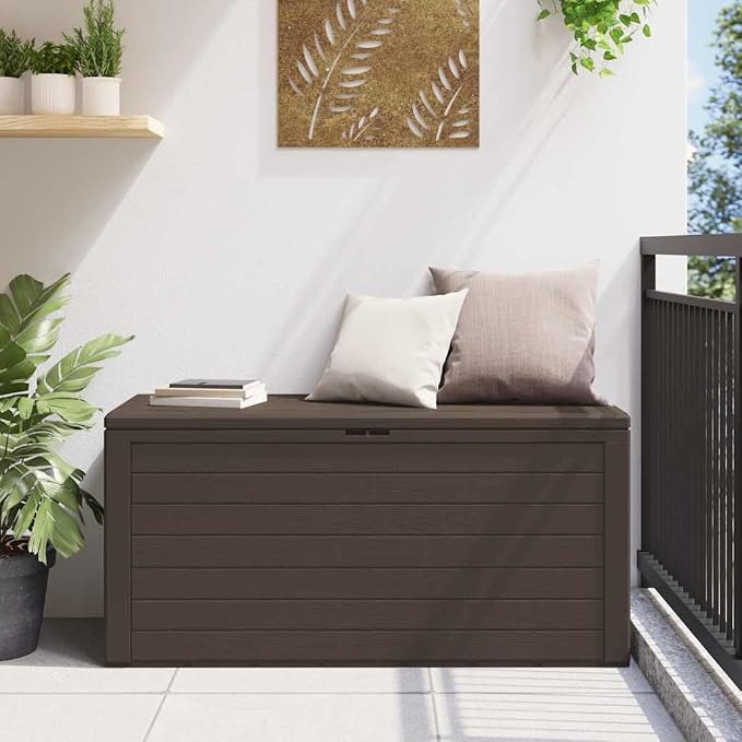 76 Gallon Deck Box Brown Polypropylene Outdoor Storage Box 45.7x45.7x21.7 in All Weather Patio Storage Chest for Cushions Tools Poolside Garden Balcony