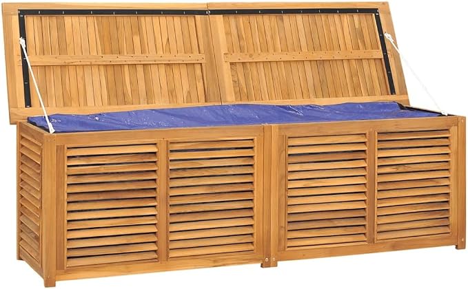 Large Outdoor Storage Box with PE Bag 68.9x19.7x21.7 Inch Solid Teak Wood, Waterproof Garden Bench with Louvered Design for Patio Deck Backyard Indoor Organizer