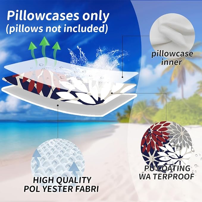 DFXSZ Pack of 2 Outdoor Waterproof Throw Pillow Covers 20x20 Red Blue | Polyester Spring Summer 4TH Of July Floral Decorative Cushion Cases(NO INSERT),For Couch Patio Funiture Garden Home Decor