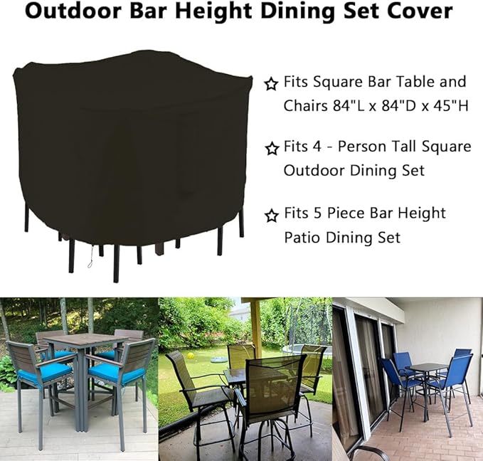Outdoor Bar Height Dining Set Cover for 5-Piece Tall Square Bistro Table & Chair Set - Waterproof, Heavy Duty, 84-Inch Square Patio Bar Height