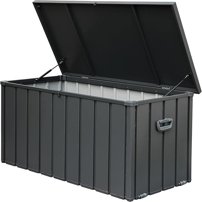 160 Gallon Metal Deck Box, Outdoor Storage Box Waterproof with Wheels, Lockable Storage Container for Patio Furniture Cushions Garden Tools, Dark Gray