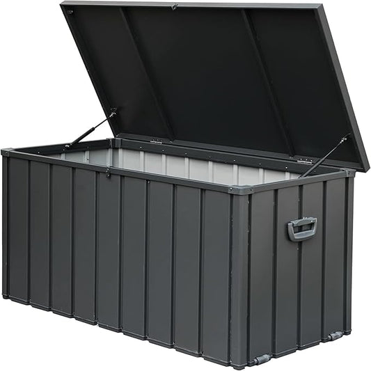 150 Gallon Outdoor Storage Deck Box Waterproof Large Patio Storage Bin with Portable Side Handles Patio Table or Stool Galvanized Steel Reinforced for Cushions/Pillows, Outdoor Supplies (Dark Gray)