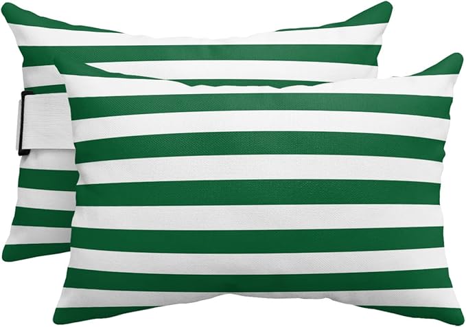 T&H XHome Outdoor Pillow for Chaise Lounge Chair, Christmas Green and White Stripe Waterproof Headrest Pillow Lumbar Pillows with Adjustable Elastic Strap for Beach, Poolside, Patio, Office (2 Pack)
