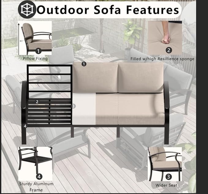 Patio Furniture Set 10 Seats Aluminum Armrest Sofa, Modern Outdoor Living Room Set with 55000 BTU Propane Aluminum Fireplace, Outdoor Rotary Joystick with Thick Cushion