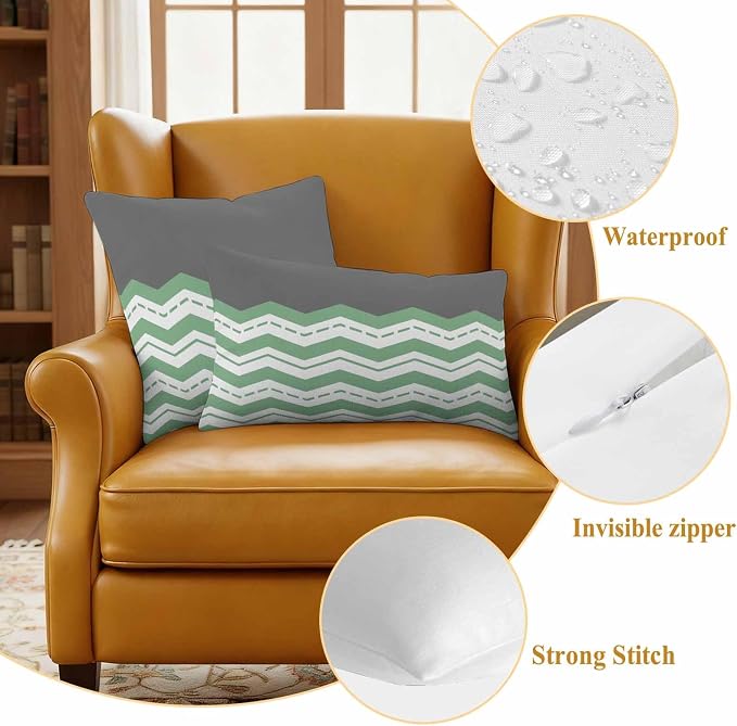 Green Chevron Waterproof Outdoor Pillow Covers Set of 2 Home Decor, Geometric Grey Print Wavy Striped White Pillowcase Patio Pillow Covers for Couch Bench Furniture Garden 20x20in