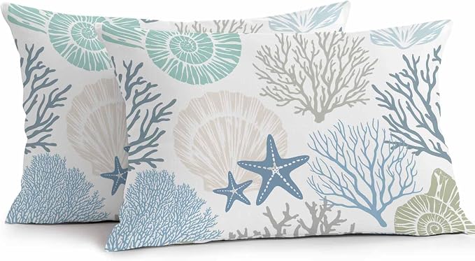 Coral Outdoor Throw Pillow Covers Pack of 2, Teal Marine Coral Abstract Geometric Waterproof Pillow Covers Pillowcase for Outside Furniture Bench Patio Garden Decorative, 12 x 20 inch