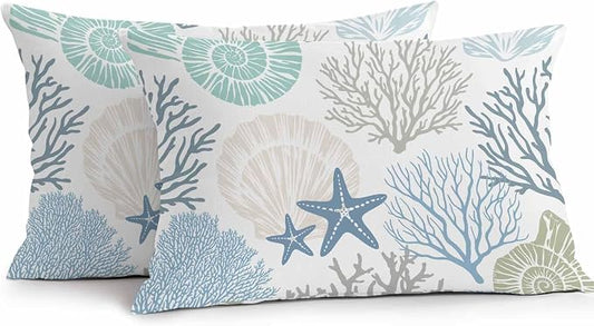 Coral Outdoor Throw Pillow Covers Pack of 2, Teal Marine Coral Abstract Geometric Waterproof Pillow Covers Pillowcase for Outside Furniture Bench Patio Garden Decorative, 12 x 20 inch