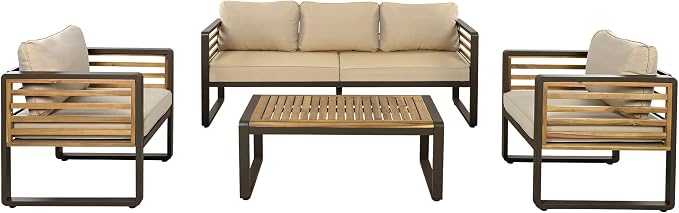 Merax 4-Piece Large Size Outdoor Conversation Sofa Set, Metal and Acacia Wood Frame Sofa with Removable Cushions, Waterproof & UV-Resistant, 5-Person Patio Furniture for Garden Backyard, Brown