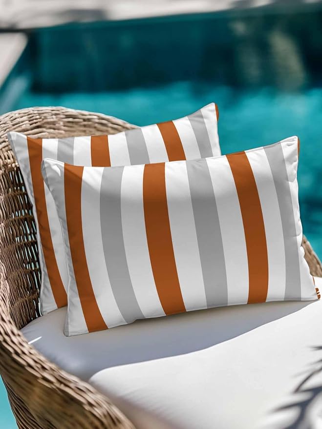 Outdoor Pillows Waterproof, Burnt Orange Gray Striped Bedding Throw Pillows with Insert for Couch Sofa Bed, Farmhouse Stripe Art 12x20 Inch Pillowcases Camping Patio Pillow Set of 2