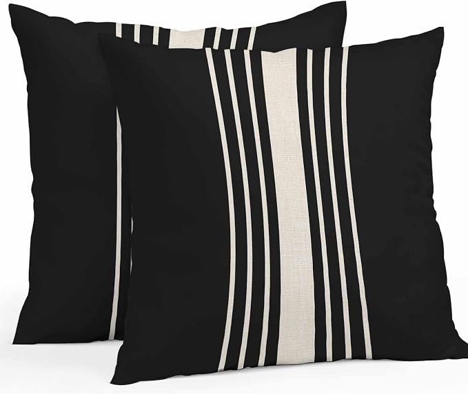 Outdoor Waterproof Pillows Cover Pack of 2 Modern Black Striped Burlap Texture Decorative Pillowcases with Zipper Cushion Case for Patio Tent Couch Garden 18 x 18 Inches