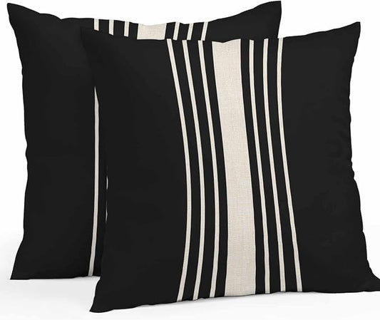Vandarllin Outdoor Throw Pillows Covers 16x16 inch Set of 2 Waterproof Black Stripes Decorative Zippered Cushion Covers for Patio Furniture, Classic Striped Linen Lumbar Pillowcases