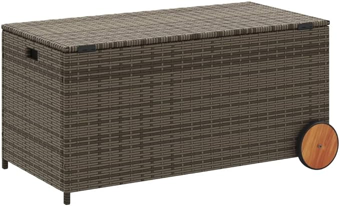Wicker Outdoor Deck Box with Wheels, 50.2 Gal Outdoor Storage Box with Lid, PE Rattan Storage Container for Pillows, Cushions, Gardening Tools, 42.1"x21.7"x19.7"/20.9" Gray