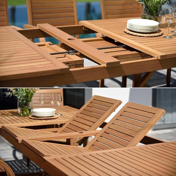 Urban Elements Duete 13-Piece Rectangular Extendable Patio Furniture Set | 100% Certified Teak Finish | Backyard Furniture, Outside Table and Chairs, Rectangular Outdoor Dining Set