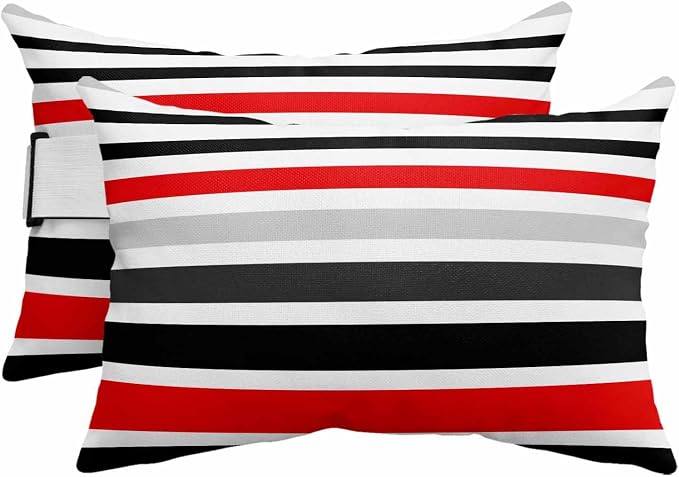 Red Black Stripe Outdoor Pillows for Chaise Lounge Chair Beach Headrest Pillow Set of 2 Waterproof Lumbar Pillows with Insert Modern Abstract Coarse Striped Recliner Neck Pillow for Patio Pool 11"x16"