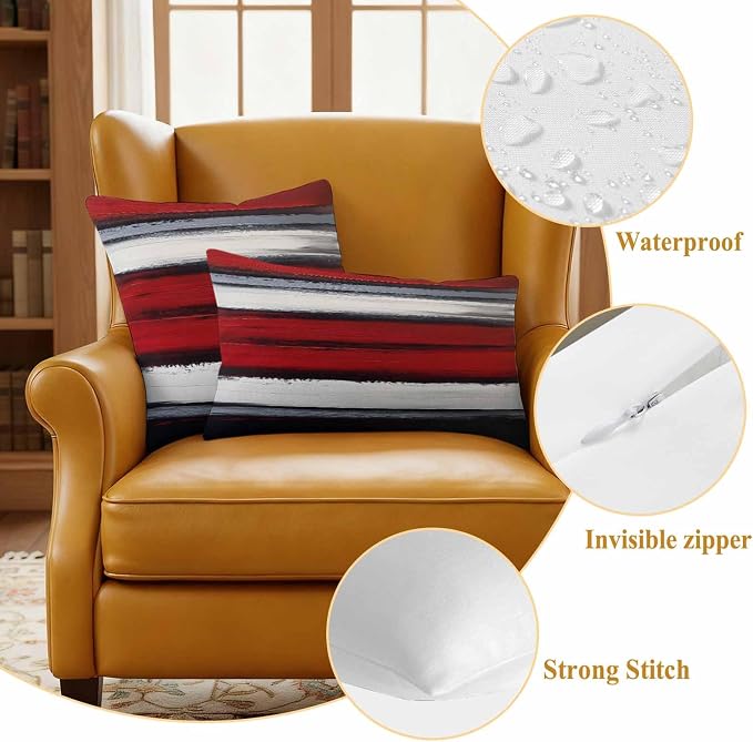 Red and Black Strip Outdoor Pillow Covers 26"x26" Set of 2, Classic Modern Art Waterproof Throw Pillow Covers for Patio Furniture, Decorative Cushion Covers for Porch