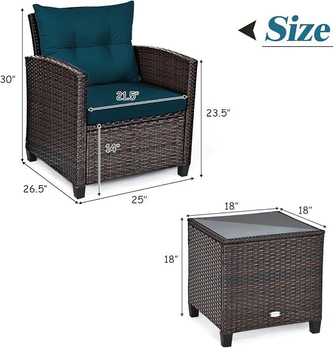 DORTALA Wicker Patio Furniture Set 3 Piece, Outdoor Table and Chairs with Tempered Glass Tabletop, Cushions, Small Rattan Conversation Sofa Set for Balcony, Porch, Backyard, Deck, Peacock Blue