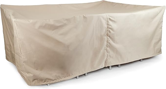 Covermates Ultima Outdoor Rectangular Dining Table & Chair Cover with Umbrella Hole – All-Weather Water-Resistant Rip-Resistant Polyester, Drawcord & Buckle Straps, 118W x 68D x 30H, Ripstop Tan
