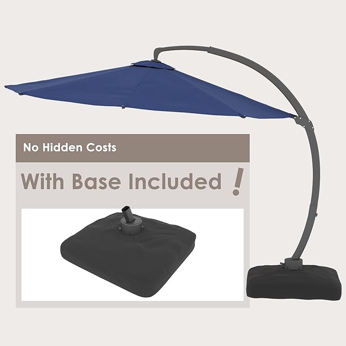 ENSTVER 11FT Cantilever Patio Umbrella With Base Included, Round Large Aluminum Outdoor Cantilever, Heavy Duty Offset Umbrella with 360°Rotation for Pool, Deck, Backyard, Garden(Navy Blue)