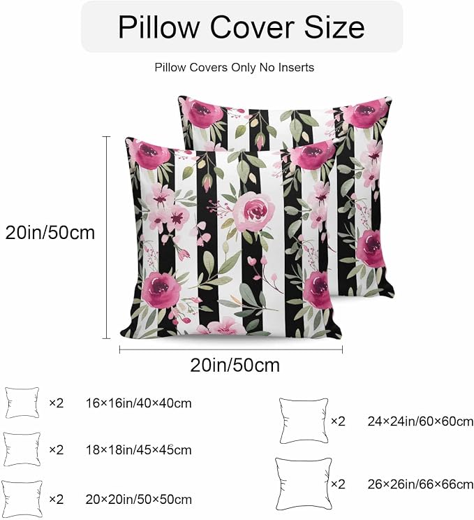 Vandarllin Outdoor Throw Pillows Covers 16x16 inch Set of 2 Waterproof Pink Flowers Decorative Zippered Cushion Covers for Patio Furniture, Floral Leaves Black Stripes Lumbar Pillowcases