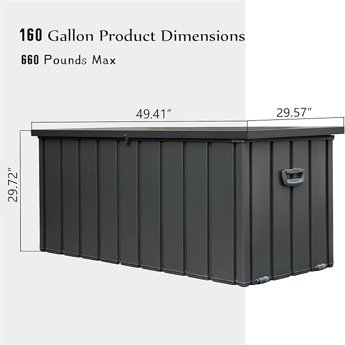 160 Gallon Outdoor Deck Box, Metal Lockable Storage Cabinet with Mobility Rollers & Side Handles, Waterproof Steel Bench for Patio Outside Furniture Cushions,Pillows,Garden Tools (Dark Gray)
