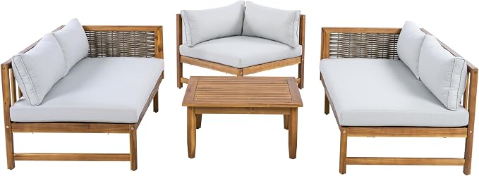LUMISOL 4-Piece Outdoor Acacia Wood Sofa Set with Water Resistant Cushions, All Weather Patio Conversation Set with Coffee Table for Garden, Backyard, Poolside, Teak+Light Grey