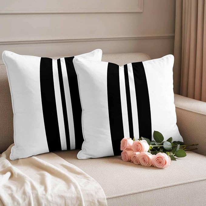 Black Stripes Outdoor Waterproof Throw Pillow Covers Set of 2, 16"x16", Festival Decorative Pillow Covers Outside Cushion Case for Patio Porch Garden