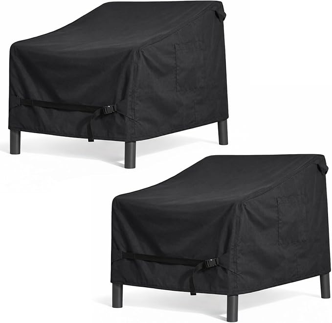Dntorx 2 Pack Waterproof Patio Chair Covers, 37W x 40D x 30H Inches Durable Patio Furniture Covers with 1 Handbag for Lounge Deep Seat, Adjustable Waist Belt & Windproof & Breathable(Black)