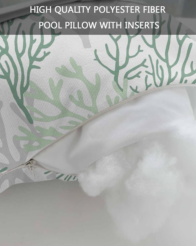 Sage Grey Coral Outdoor Beach Chair Pillow Headrest for Chaise Lounge Chair, Recliner Head Pillow Waterproof Pillowcases with Elastic Band & Pillow Inserts 11x16 Summer Green Ombre Nautical Ocean Sea