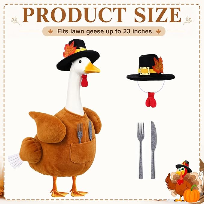Thanksgiving Turkey Porch Goose Outfit for 23" Lawn Statue Fall Autumn Sculpture Clothes for Plastic/Cement Statue Duck Costume for Garden Patio Yard Lawn Art Decoration