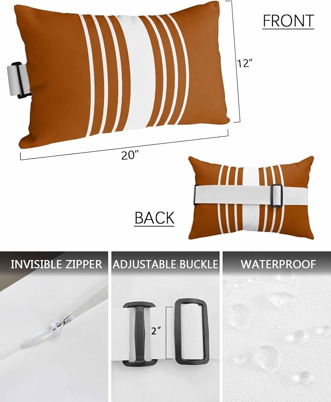Chaise Lounge Chair Pillow with Strap & Insert Burnt Orange Vertical Stripes Outdoor Recliner Head Pillow Pack of 2 Classic Striped Waterproof Headrest Patio Lumbar Pillow for Beach Office Chair 12x20