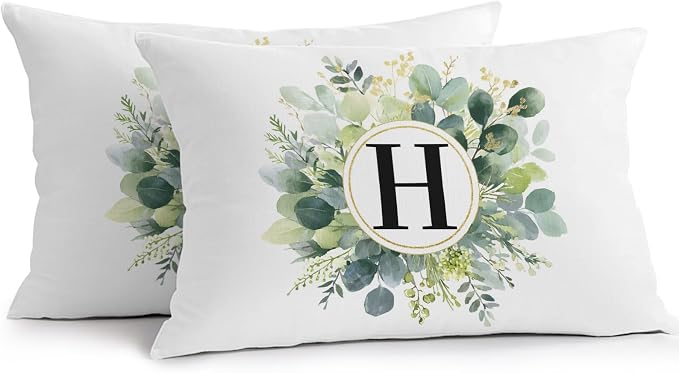 Letter H Waterproof Outdoor Pillow Covers Set of 2 Home Decor, Alphabet Green Eucalyptus Leaves Lumbar Pillowcase Patio Pillow Covers for Couch Bench Patio Furniture Garden 20x12in