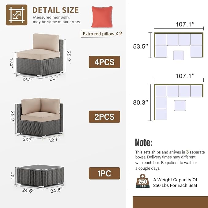 7 Piece Outdoor Sectional Sofa Patio Furniture Set Wicker with Cushions and Coffee Table, Outdoor Conversation Set for Backyard Garden Deck Lounge(Beige)