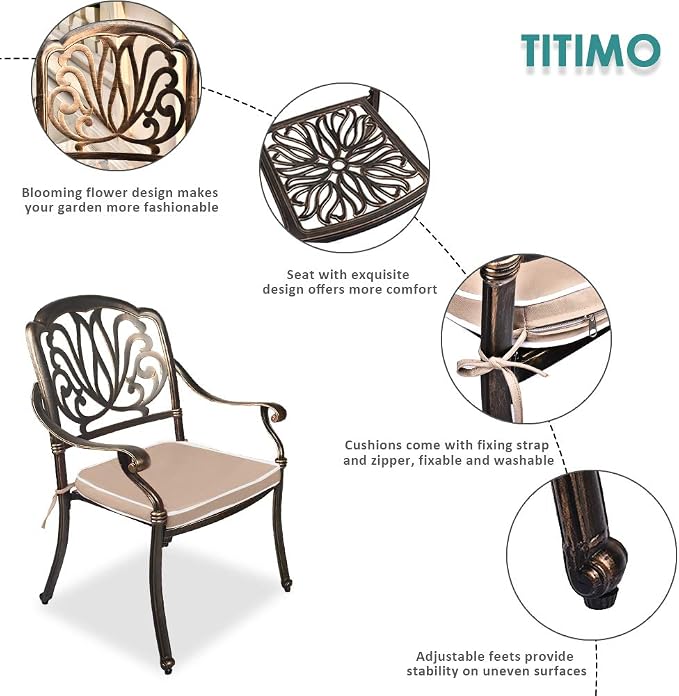 TITIMO 5 Piece All-Weather Cast Aluminum Outdoor Patio Deck Dining Set w/Round Table and 4 Chairs, Khaki Cushions, Umbrella Hole - Deep Bronze