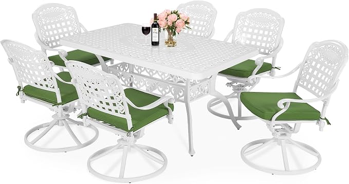 MEETWARM 7-Piece Outdoor Patio Dining Set, All-Weather Cast Aluminum Patio Conversation Set with 6 Cushioned Swivel Rocker Chairs for Backyard Garden Deck, 1 Rectangular Table, White