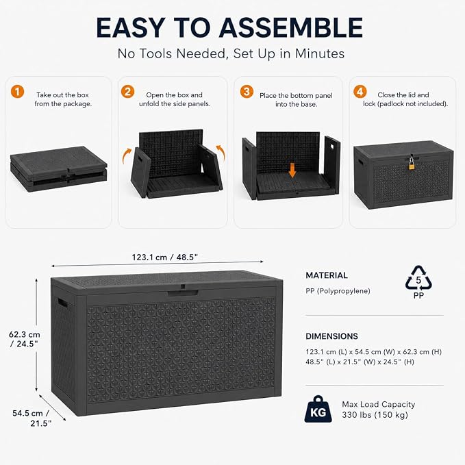 102 Gallon Outdoor Storage Box, Resin Deck Box Waterproof & Lockable, Patio Cushion Storage Bench for Garden, Pool, Furniture & Tools, UV Resistant Heavy Duty, Black
