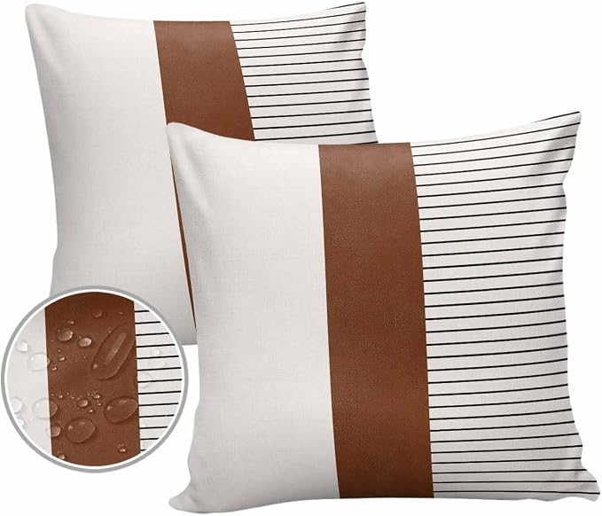 Outdoor Waterproof Throw Pillow Covers 24x24in, Farmhouse Mid Century Cushions for Garden Patio Furniture Chairs Set of 2, Boho Stripes Texture Home Decor Couch Sofa Polyester Pillow Cases