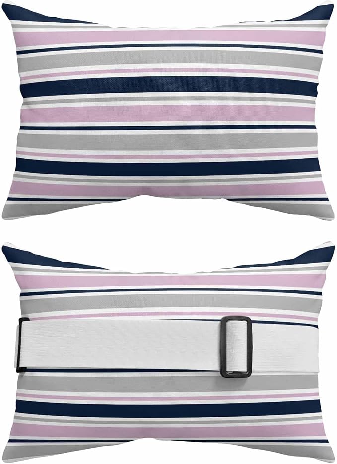 Pack of 2 Outdoor Lumbar Pillow Covers 12x20 Inch, Pink Grey Striped Waterproof Throw Pillow Covers Set, Farmhouse Stripes Modern Abstract Art Outside Decorative Cushion Cases for Patio Porch Car