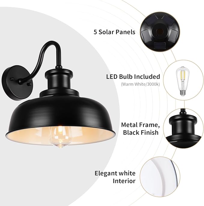 Solar Barn Lights for Outside, Outdoor Wall Lights Solar Powered, Farmhouse Exterior Wall Sconces, Industrial Exterior Lighting Fixture, Rustic Lantern for Garage, Barn, Shed,RZSR007-2