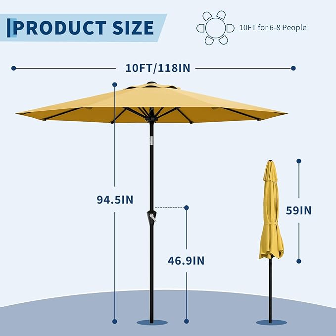 Garvee 10FT Patio Umbrella - Outdoor Table Umbrella with Smooth Crank Lift, Push Button Tilt and 8 Sturdy Ribs - Market Umbrella UV Protection Waterproof for Pool, Deck, Yard, Garden