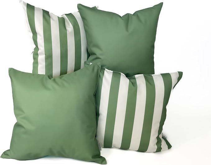 Pack of 2 Solid and Stripe 20''x20'' Outdoor Waterproof Green Throw Pillow Covers Decorative Square Cushion Patio Pillows for Patio Furniture (Loden Frost)
