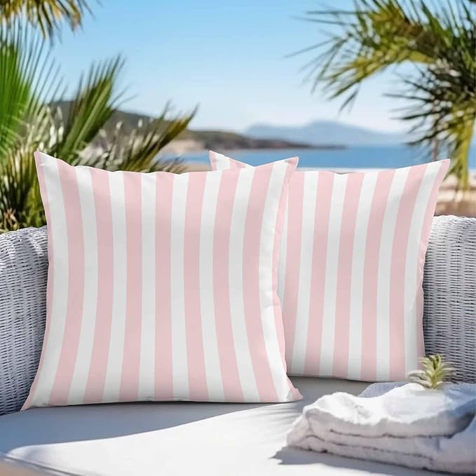 Pink Striped Outdoor Waterproof Throw Pillow Covers 16x16 Set of 2, Modern Farmhouse Pink White Stripes Decorative Pillowcases Cushion Pillowcase for Couch Sofa Patio Outside Pillow Protector