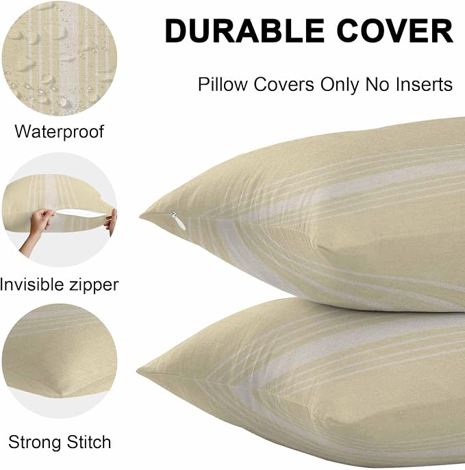 Vandarllin Outdoor Throw Pillows Covers 18x18 inch Set of 2 Waterproof Cream Vertical Stripes Decorative Zippered Cushion Covers for Patio Furniture, Classic Striped Linen Lumbar Pillowcases
