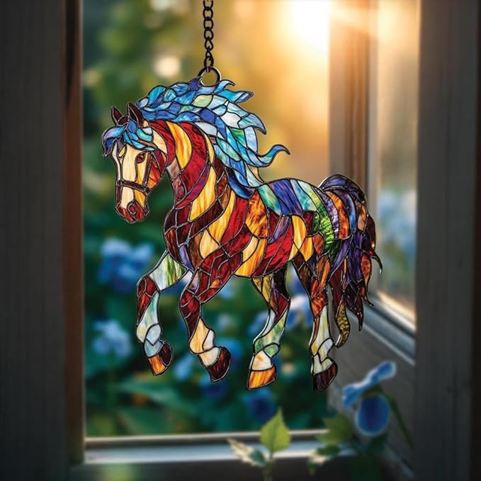 Horse Acrylic Suncatcher, Boho Suncatchers for Window Hanging Ornament, Stained Glass Effect Art Garden Decor for Equestrian Lover, Gifts for Mother's Day, Mom, Grandma, Wife, Women, Nana
