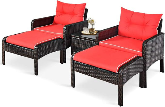 HAPPYGRILL 5PCS Patio Furniture Set Outdoor Rattan Wicker Conversation Set with Coffee Table Cushioned Sofas and Ottoman Chat Set for Garden Backyard