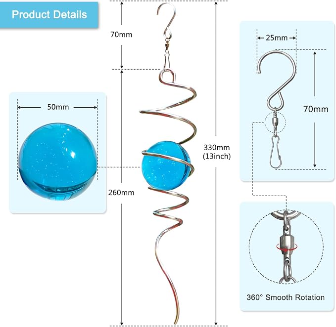 Gazing Ball Spiral Tail with 11inch Tail and 2inch Blue Glass Orb, Wind Spinner Stabilizer with Swivel Hook. Sun Catcher Rainbow Maker Hanging Decor for Garden Home Indoor Outdoor 13" H