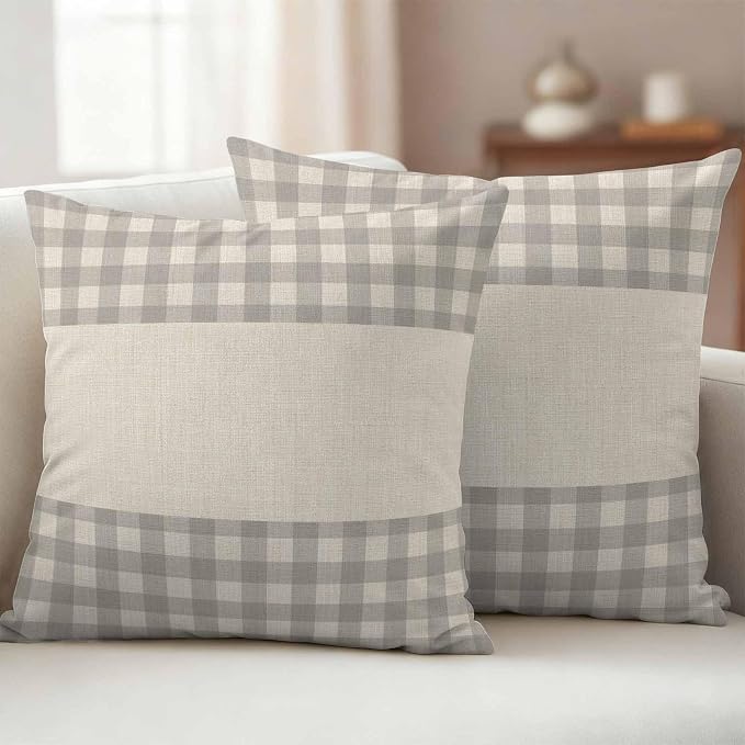 Retro Grey Outdoor Waterproof Pillow Covers, Farmhouse Buffalo Plaid Vintage Beige Decorative Square Throw Pillowcase Sofa Cushion Sham for Patio/Couch/Chair, 24"x24" 2 Pack
