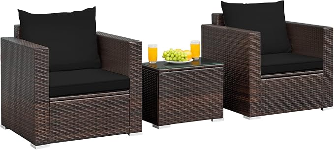 RELAX4LIFE 3-Piece Wicker Bistro Set - Outdoor Patio Rattan Sofa Set w/Washable Cushions & Tempered Glass Coffee Table, Conversation Furniture Set for Backyard, Porch, Garden & Poolside (Black)