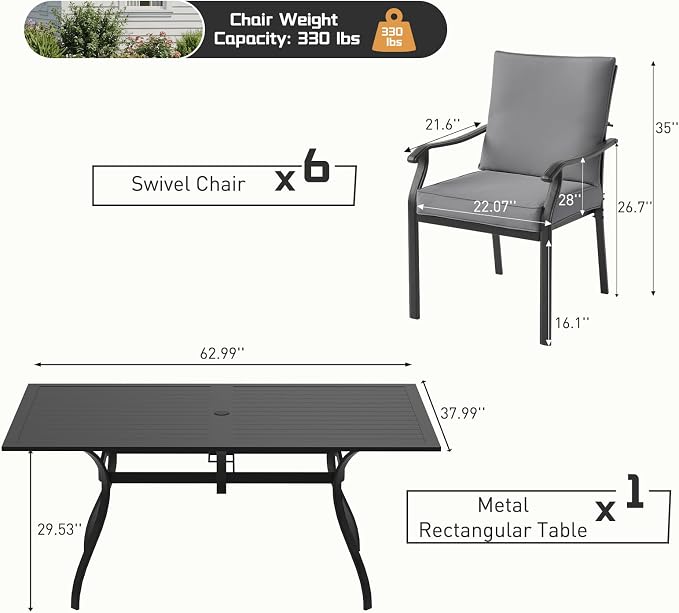 7 Piece Outdoor Patio Dining Set, 62’’ Rectangular Metal Dining Table with Umbrella Hole & 6pcs Outdoor Metal Dining Chairs, Outdoor Furniture Dining Set for Patio, Balcony, Lawn, Garden, Backyard